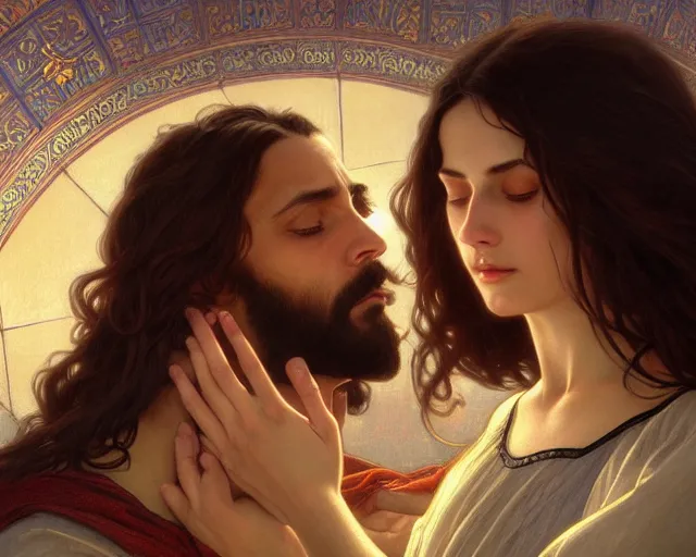 Prompt: photography of jesus making love with a women in jerusalem, deep focus, intricate, elegant, highly detailed, digital painting, artstation, concept art, matte, sharp focus, illustration, art by artgerm and greg rutkowski and alphonse mucha