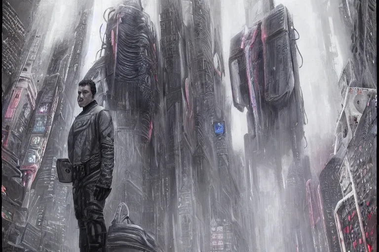 Image similar to highly detailed concept art of blade runner characters, dystopian post - apocalyptic retrofuturistic neon vibe, an ultrafine detailed painting by hans giger and wayne barlowe, trending on deviantart, pop surrealism, whimsical, lowbrow, perfect symmetrical face, sharp focus, octane, masterpiece