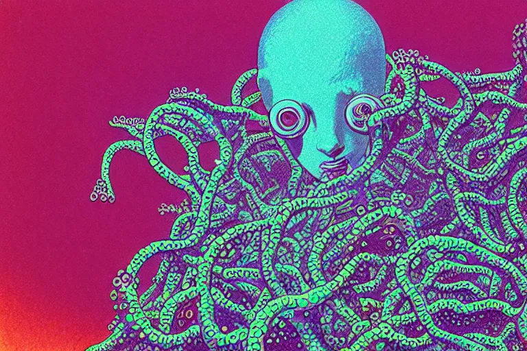 Image similar to risograph grainy drawing vintage sci - fi, satoshi kon color palette, gigantic gundam full - body covered in iridescent dead coral reef 1 9 6 0, kodak, with lot tentacles, natural colors, codex seraphinianus painting by moebius and satoshi kon and dirk dzimirsky close - up portrait