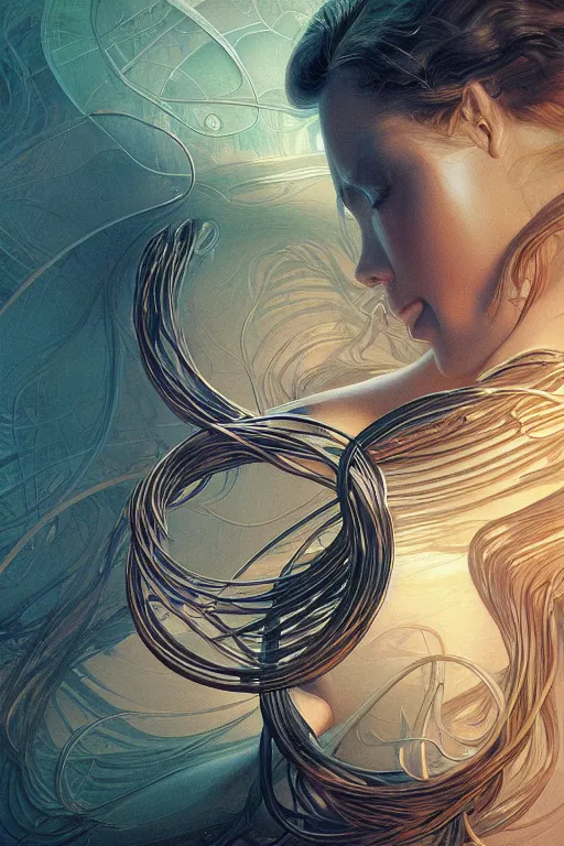 Image similar to ultra realistic illustration, cinema 4 d art, cables fat man drawing, jade background, elegant, highly detailed, digital painting, concept art, intricate, swirl, smooth, sharp focus, illustration, art by artgerm and greg rutkowski and alphonse mucha