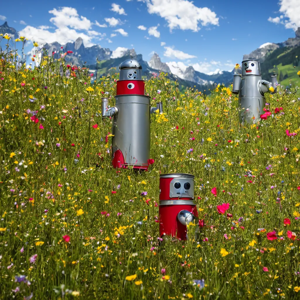 Image similar to a tin can robot in a colourful flower meadow in the alps, sunny weather, Carl Zeiss 85mm lens, bokeh