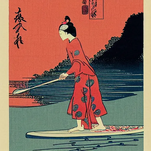 Prompt: girl stand up paddle board sup, woodblock print, style of hokusai, fine art, style of kanagawa, painting