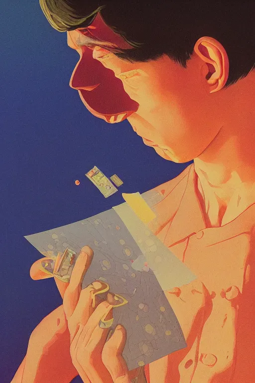 Image similar to a scifi closeup portrait of a young british man licking a blotter paper of LSD acid on his tongue and dreaming psychedelic hallucinations in cosmos, by kawase hasui, moebius, Edward Hopper and James Gilleard, Zdzislaw Beksinski, Steven Outram colorful flat surreal design, hd, 8k, artstation