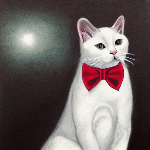 Prompt: a handsome white cat in a black suit and a red bow tie, symmetric, painting, intricate.
