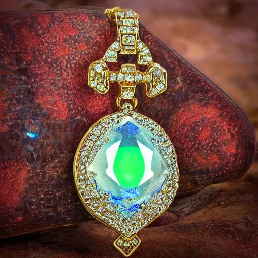 Image similar to Ornate Magic Amulet Jewel Glowing HDR photorealistic Gem Adorned in diamonds