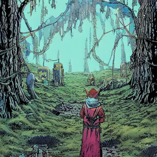 Prompt: ligne claire art of a druid in postapocalyptic city intertwined with nature in the open space, by moebius, bright colors, eisner award - winning spread