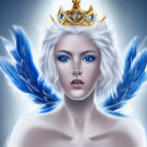 Image similar to portrait of a white haired angel with a blue stone crown, perfect face