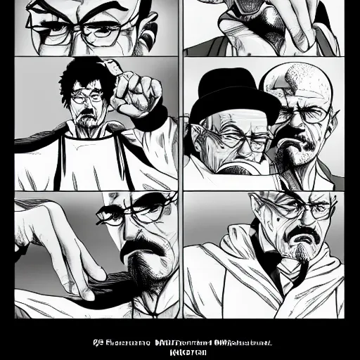 Prompt: manga panel of walter white in the style of kentaro miura, 8 k, 4 k, masterpiece, trending on artstation