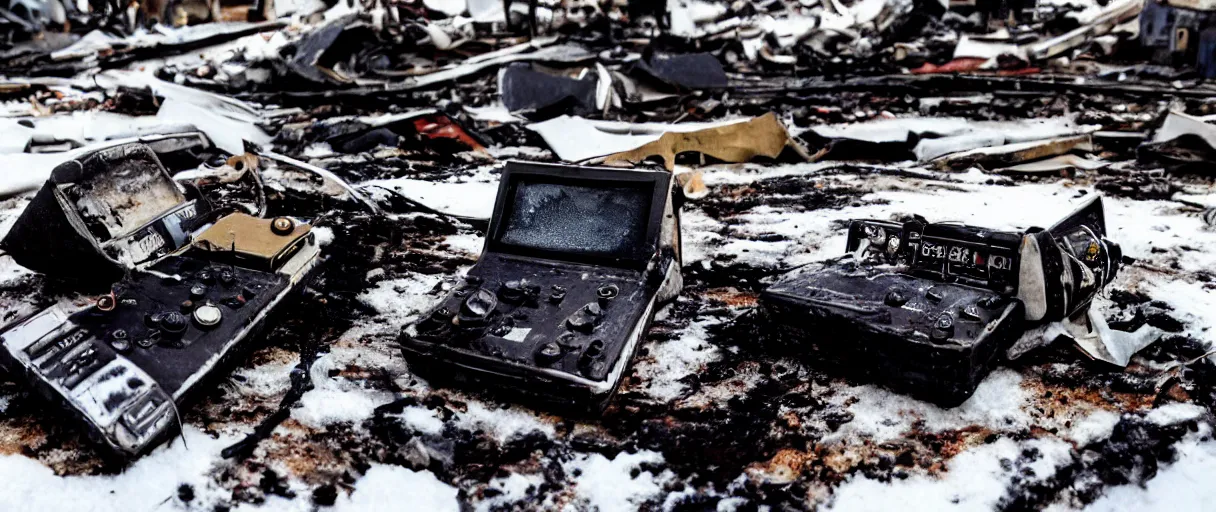 Prompt: a very dark dimly lit dslr hd depth of field photograph of a 1980s Portable radioshack Cassette Recorder partly melted and burnt with smoke rising behind it, sitting among the rubble of a completely burned down structure in the snow in Antarctica