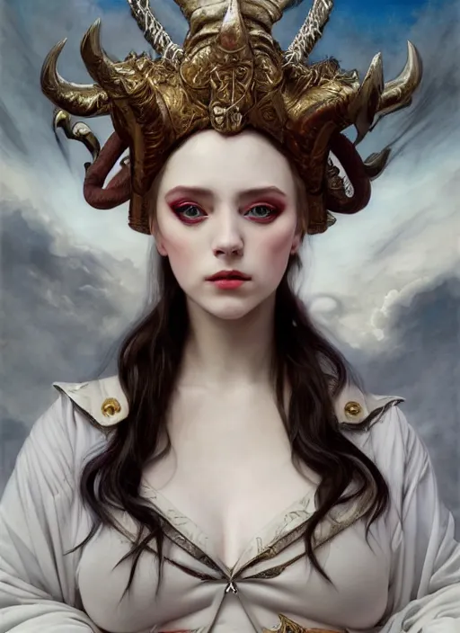 Prompt: white horns queen demon, elegant, wearing a bomber jacket, hyper realistic, extremely detailed, dnd character art portrait, fantasy art,, dramatic lighting, vivid colors, artstation, by edgar maxence and caravaggio and michael whelan and delacroix, lois van baarle and bouguereau