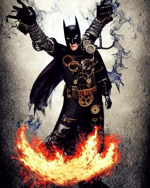 Image similar to steampunk batman with fire and ice magic coming out from his hands in a dystopian environment, full body view, highly detailed, amazing digital art, artstation, sharp focus