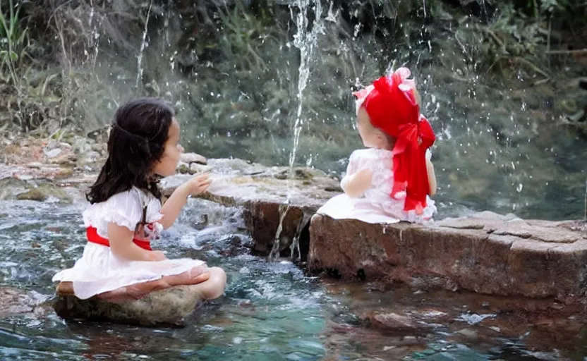 Prompt: a beautiful little girl, wearing white cloths, and a red bow in her hair, playing with the water, sitting by the side of a creek, in the painting style of vector art, 8 k, detailed, rule of thirds