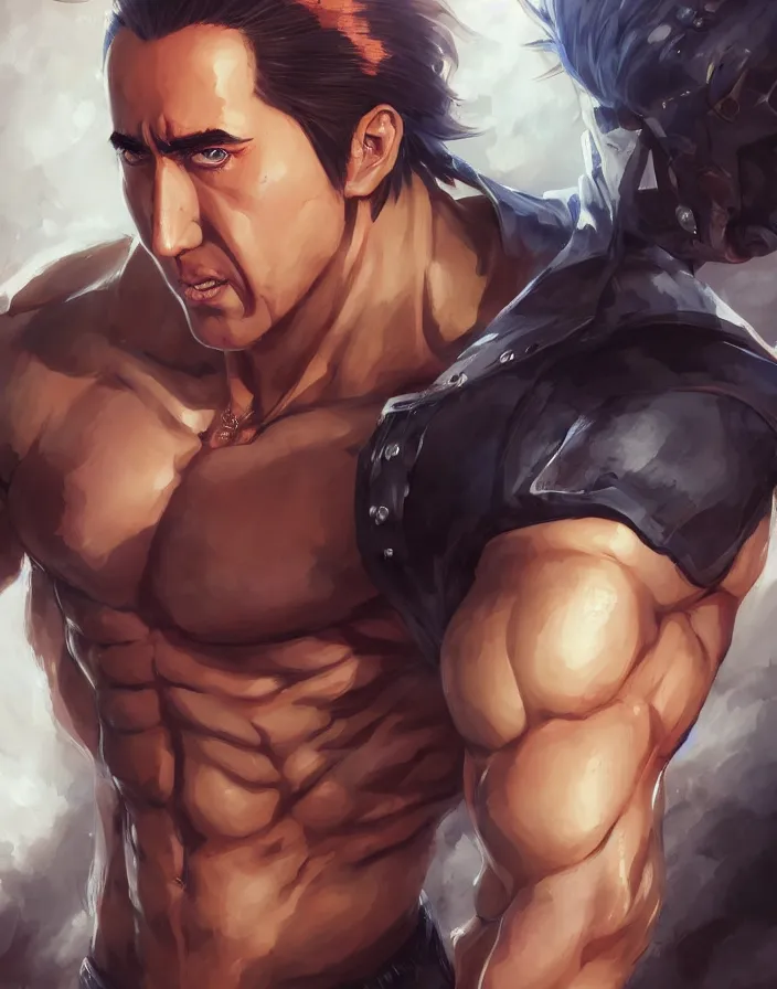 Image similar to anime portrait of nicolas cage as a muscular anime boy by Stanley Artgerm Lau, WLOP, Rossdraws, James Jean, Andrei Riabovitchev, Marc Simonetti, and Sakimichan, trending on artstation
