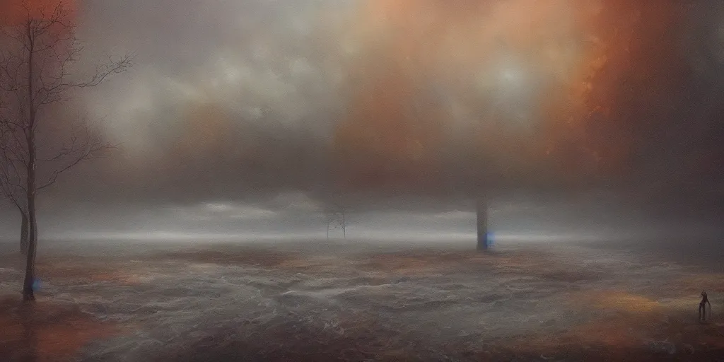 Prompt: A surreal dream landscape, pouring rain, cinematic lighting, detailed oil painting, 8k