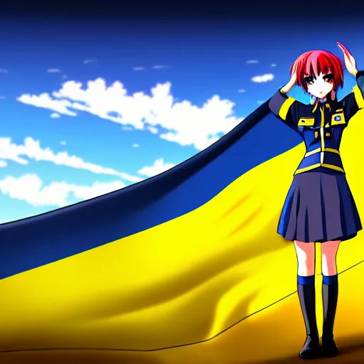 Prompt: anime girl general saluting near the flag of the ukraine, trending on pixiv, professional digital art