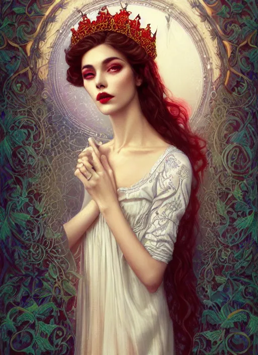 Prompt: beautiful brunette lady in white embroidered shirt, national costume of venezuelan, filigree crown with red, blue and yellow textile orchid flowers, intricate, elegant, digital painting, art nouveau, soft, smooth, soft, focus, edge light, charlie bowater, tom bagshaw, greg rutkowski