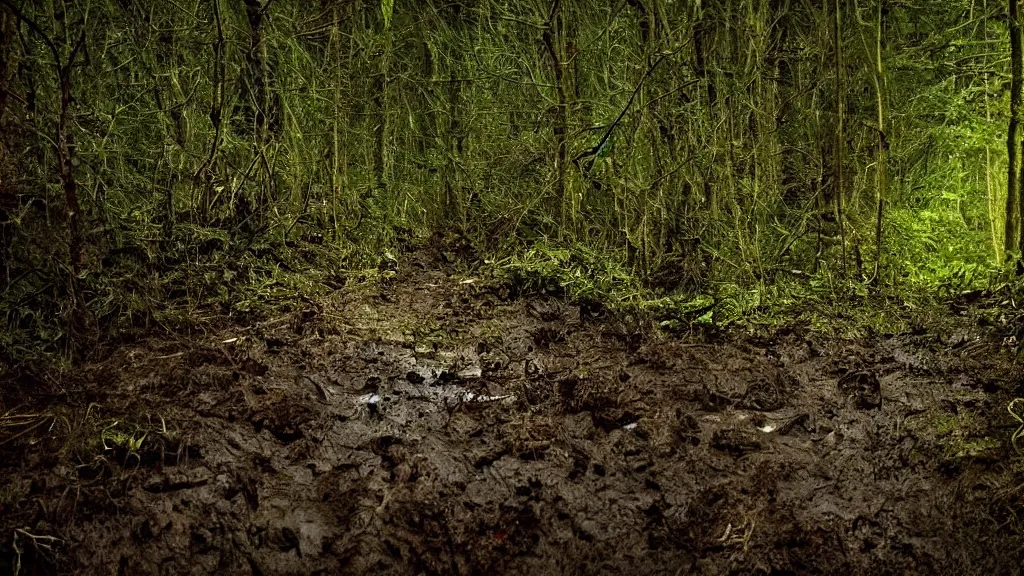 Prompt: Haunted kodachrome, night time scene, deep in the wet entrails of the hill!!!!! Lost in the dark Pushing through dense undergrowth, No path, just this squalid passage of mud and rain.