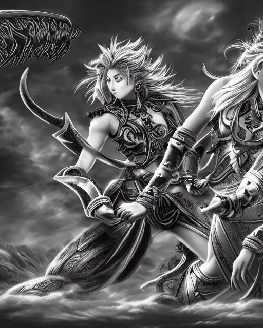 Image similar to Two female warriors fighting, black and white, highly detailed face, close-up, fantasy art, fighting art, in the style of masami kurumada, illustration, epic, fantasy, intricate, hyper detailed, artstation, concept art, smooth, sharp focus, ray tracing