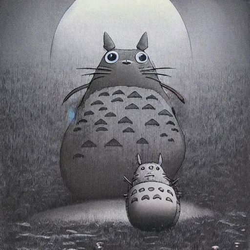 Image similar to Totoro staring, Studio Ghibli, Zdzisław Beksiński