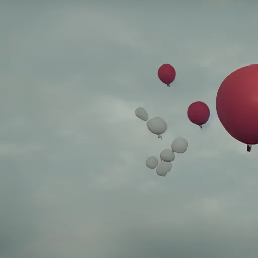 Image similar to a foating house in mid air held by ballons, dept of field, cinematic, volumetric lightening, octane render