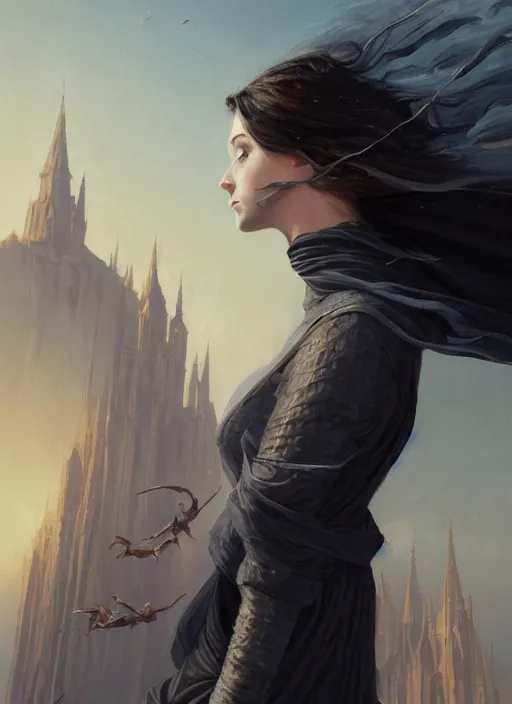 Prompt: very detailed portrait of lady vin 7 4 3 2 7 from mistborn ascending to sky from behind, wearing black tight clothing, waving the shredded in strips cloak, medieval town landscape, detailed face, trending on artstation by greg rutkowski loish rhads ferdinand knab