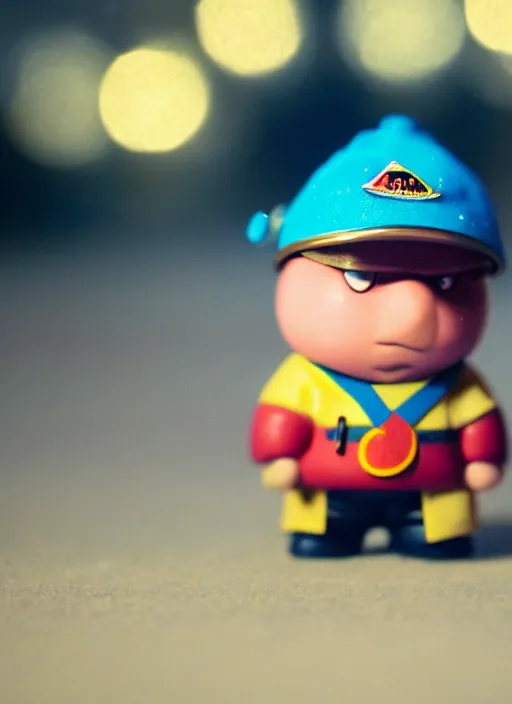 Prompt: a 2 8 mm macro photo of eric cartman funko pop, splash art, movie still, bokeh, canon 5 0 mm, cinematic lighting, dramatic, film, photography, golden hour, depth of field, award - winning, anamorphic lens flare, 8 k, hyper detailed, 3 5 mm film grain