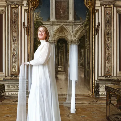 Prompt: lady with a long and majestic white semi-transparent cotton dress is running and merged with a large warp ornate white cotton semi-transparent veils wonderful renaissance panorama behind her,meredit frampton style--8k