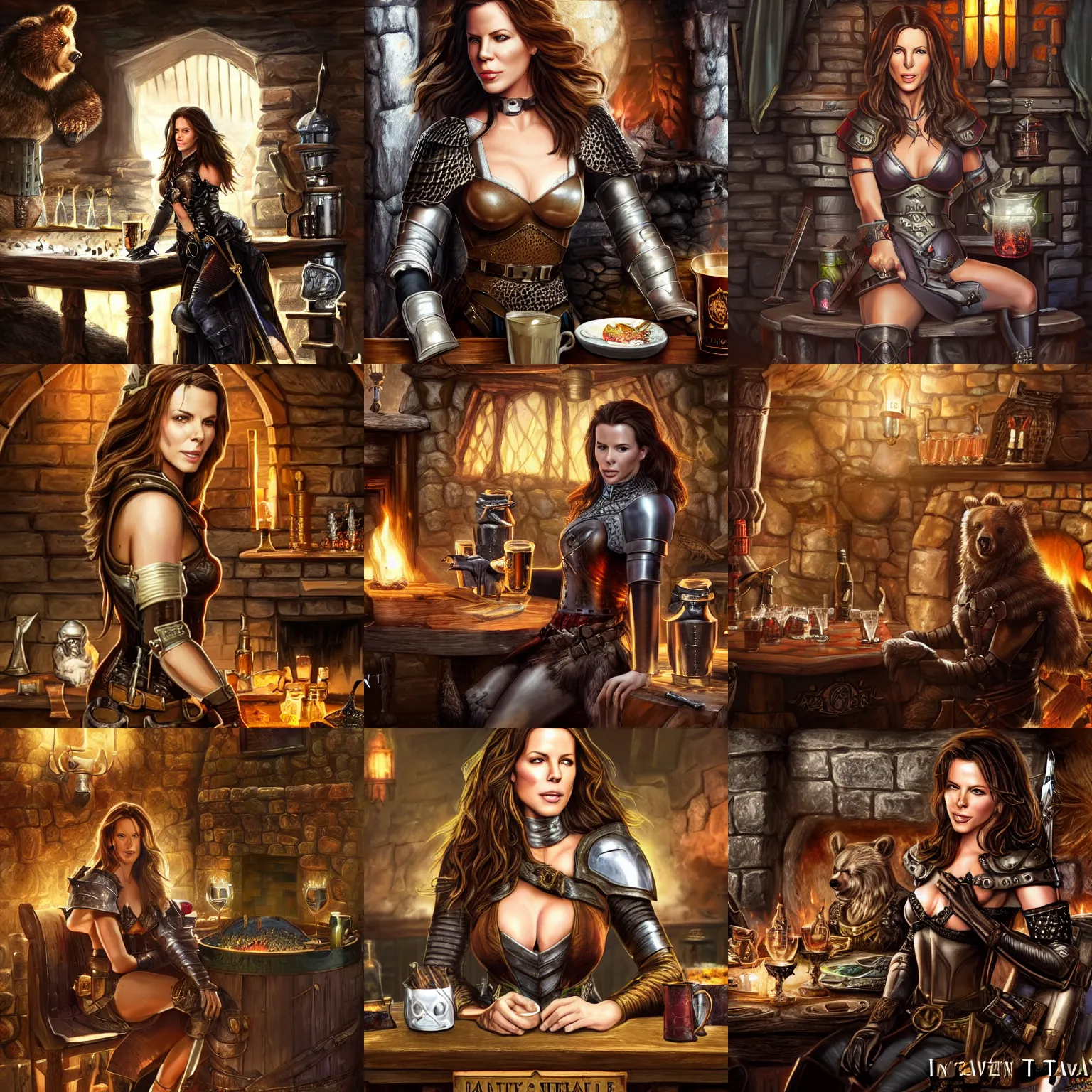 Prompt: kate beckinsale weared in full plate armor, sit in fantasy tavern near fireplace, behind bar deck with bear mugs, medieval dnd, colorfull digital fantasy art, 4k