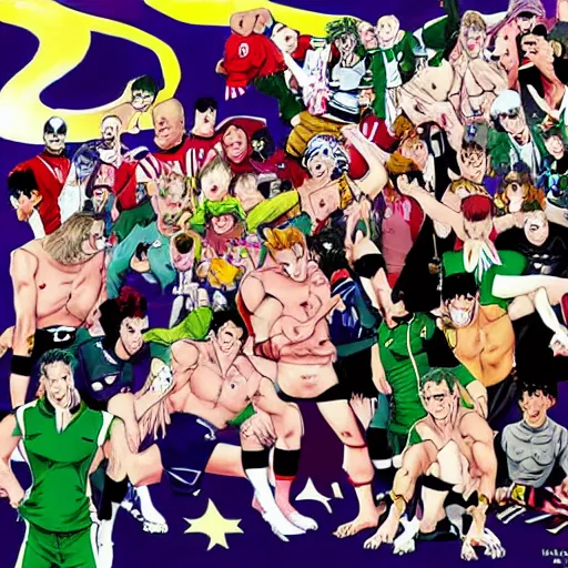 Prompt: drunk English football fans in Jojo's Bizarre Adventure by Hirohiko Araki