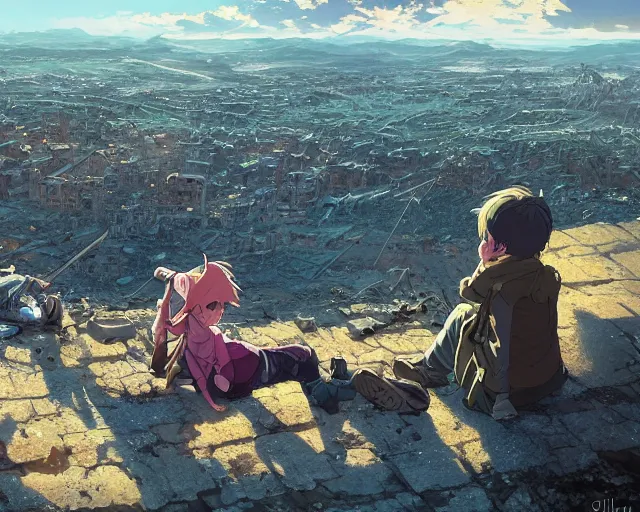 Image similar to a boy and a girl sitting on a hill overlooking the apocalyptic ruins of a city, rubble, ruins, post-apocalyptic, gloomy, end of the world, dust. By Makoto Shinkai, Stanley Artgerm Lau, WLOP, Rossdraws, James Jean, Andrei Riabovitchev, Marc Simonetti, krenz cushart, Sakimichan, D&D trending on ArtStation, digital art.