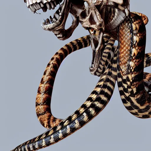 Prompt: skeleton snake, 8 k, 4 d cinema, hyperdetalied, high rendering, horror, cgsociety, artstation,