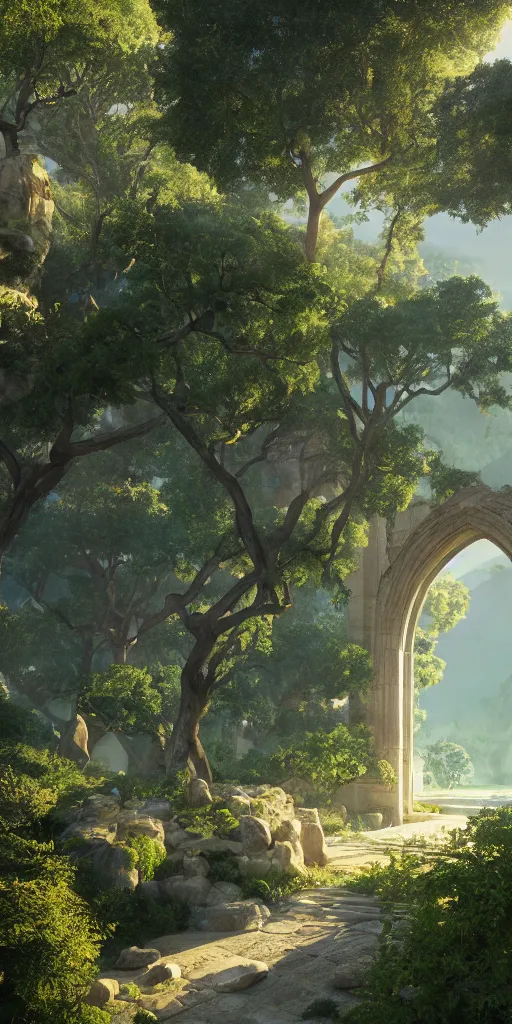 Prompt: the city of santa barbara, large ornated stone portal, beautiful composition, nature, green trees, high angle, rays of light, light dust, octane render, unreal engine, photography, 8 k