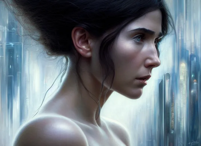 Prompt: portrait shot of young jennifer connelly in ghost in the shell, intricate, elegant, highly detailed, centered, digital painting, artstation, concept art, smooth, sharp focus, illustration, artgerm, tomasz alen kopera, peter mohrbacher, donato giancola, joseph christian leyendecker, wlop, boris vallejo