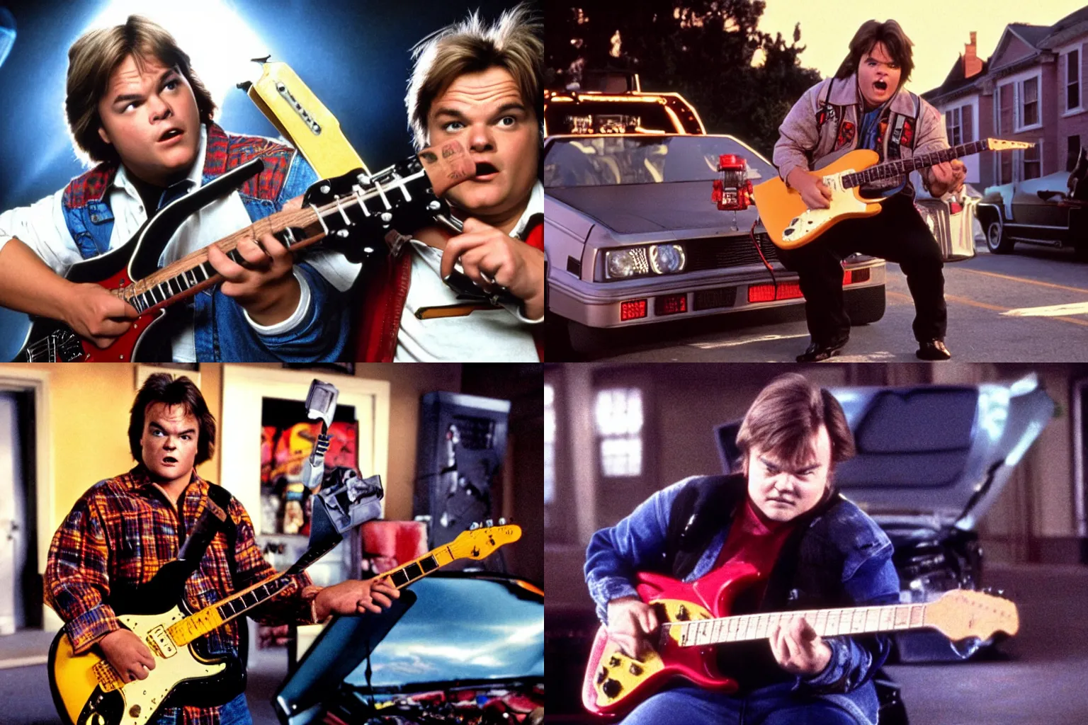 Prompt: jack black playing an electric guitar as marty mcfly in back to the future, film still, color, dramatic lighting, 80s,