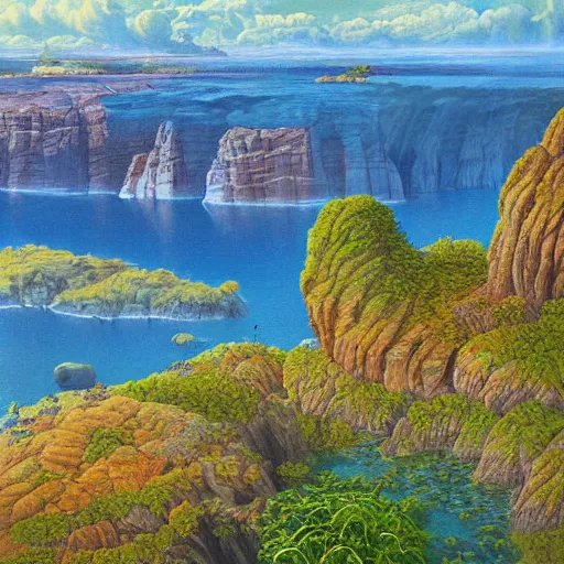 Image similar to detailed painting of a lush natural scene on an alien planet by marinus adrianus koekkoek. beautiful landscape. weird colourful vegetation. cliffs and water.