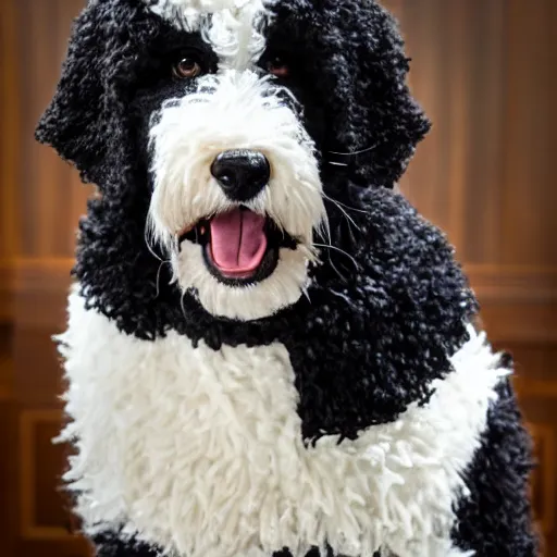 Image similar to a closeup photorealistic photograph of a cute smiling knitted bernedoodle judge dog dressed in a black gown, presiding over the courthouse. indoor image, professional capture, well lit shot. this 4 k hd image is trending on artstation, featured on behance, well - rendered, extra crisp, features intricate detail, epic composition and the style of unreal engine.