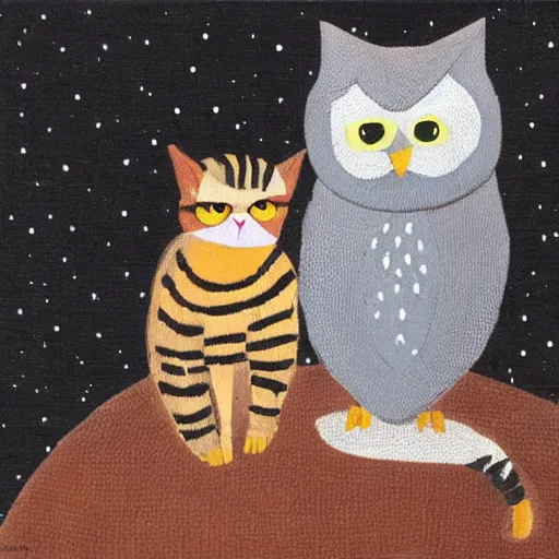 Prompt: a cat and an owl