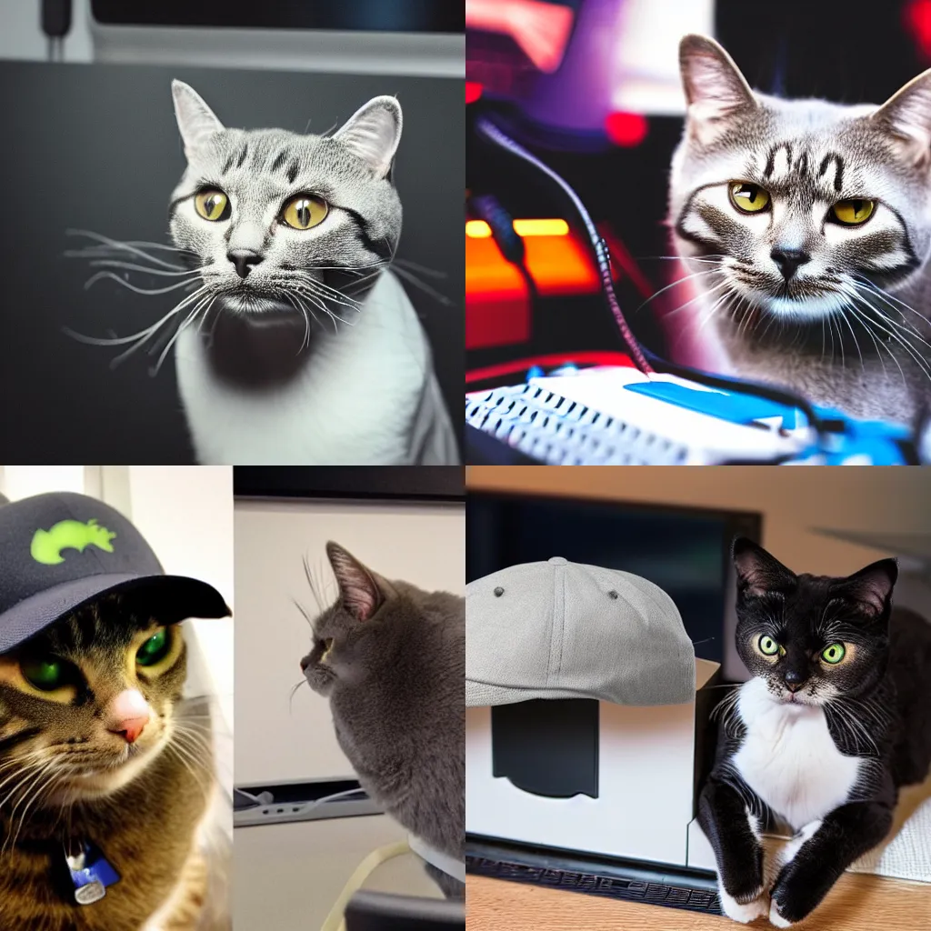 Prompt: a cat wearing a cap looking a gaming pc