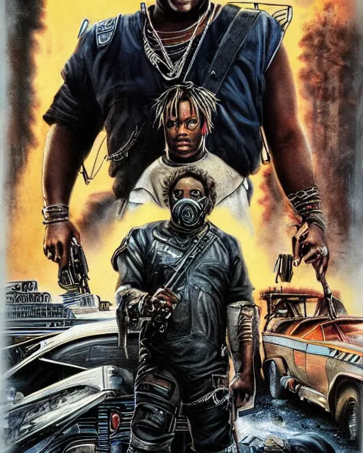 Image similar to juice wrld in dystopian raider mad max post apocalpytic, airbrush, drew struzan illustration art, key art, movie poster