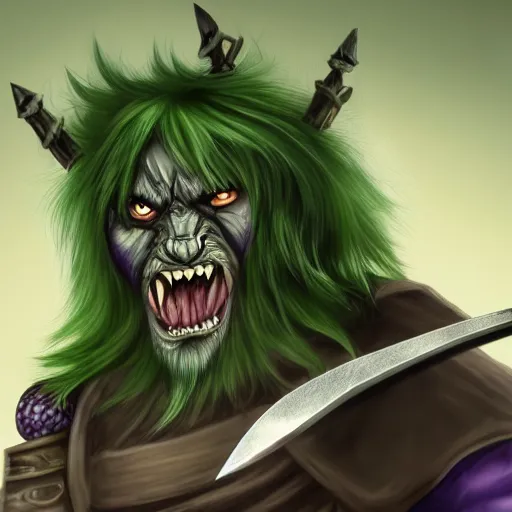 Prompt: super detailed portrait of a of a Dungeons and Dragons bugbear with green hair and purple eyes he looks angry at his knife, Fantasy, 4k, HD, DnD