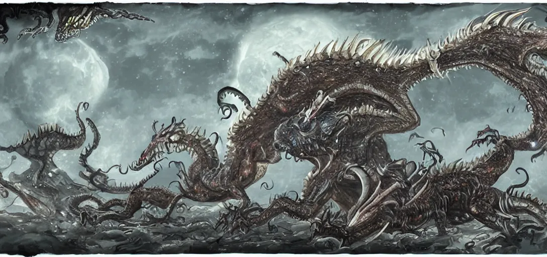 Prompt: concept art of dragon attack, lovecraftian, lots of teeth, melting horror, feathers, round moon, clouds, fighting the horrors of the unknown with laser guns