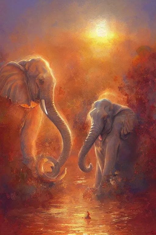 Prompt: spiritual twin flame elephant art, sunset hue, highly detailed, oil painting hue, by craig mullins