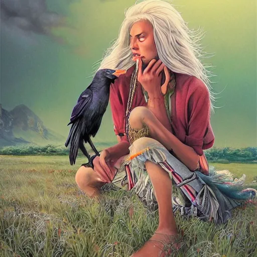 Prompt: n elderly indian don juan is sitting in a field with peyote and smoking a pipe, a raven walks next to him, by miho hirano, ross tran and ilya kuvshinov, realistic, detailed, beautiful fantasy detailed trending on artstation, oil painting, dramatic lighting, eterea, high quality print, fine art with subtle redshift rendering