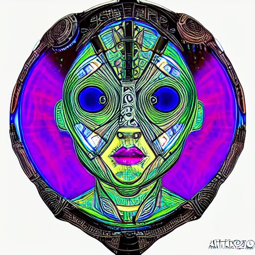 Prompt: portrait of a future metaverse tech shaman warrior, 2D cartoon, visionary art, symmetric, Magick symbols, holy halo, shipibo patterns, sci-fi, concept art, trending on art station, 8k digital art