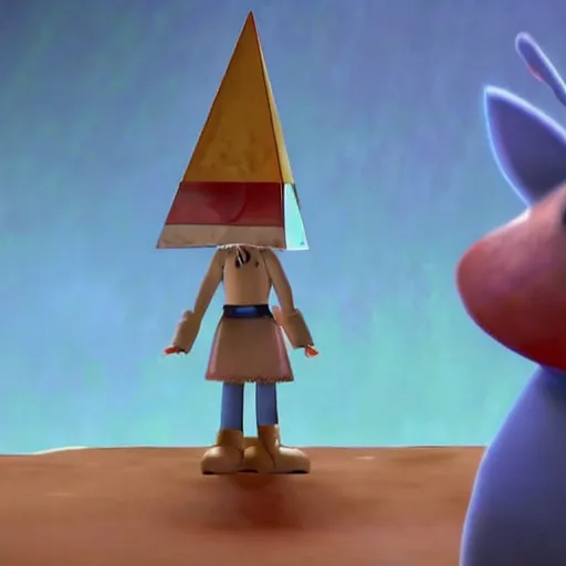 Image similar to silent hill's pyramid head in toy story, pixar style, cute colorful adorable, cgi render