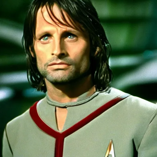 Prompt: A still of Aragorn as Scotty on Star Trek: The Original Series, red shirt, sharp focus, high quality, very realistic, 4k