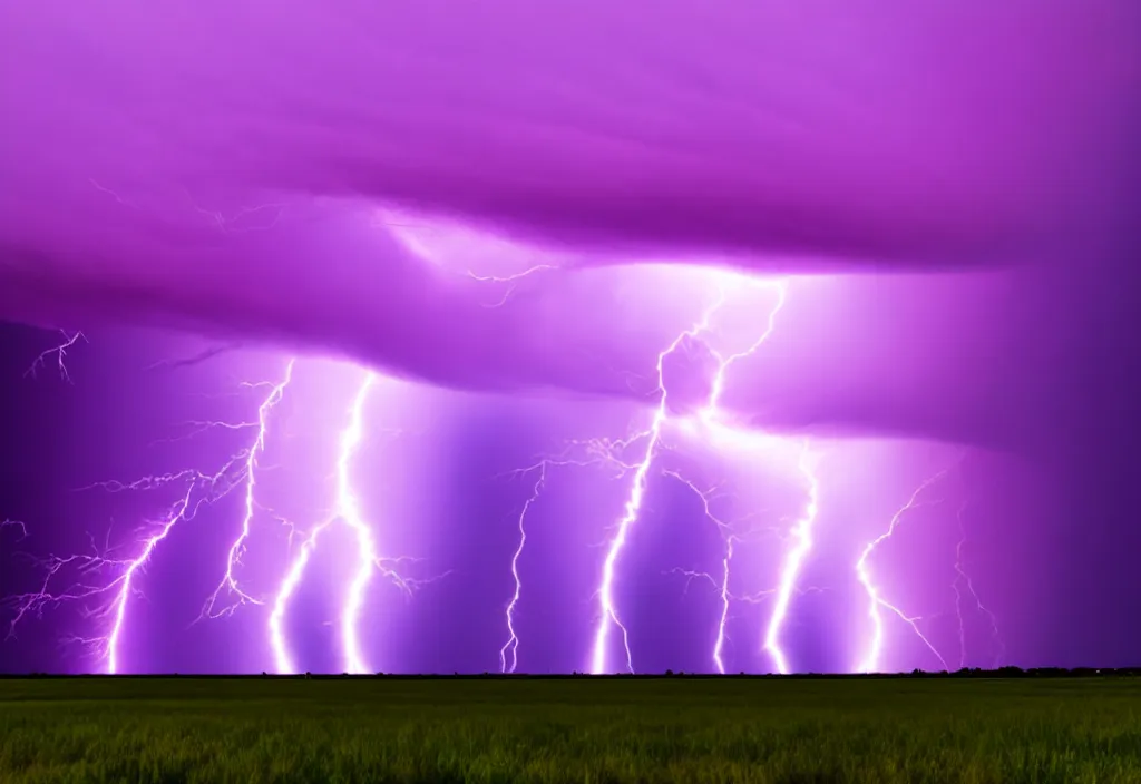 Image similar to purple color lighting storm with a tornado on the ground