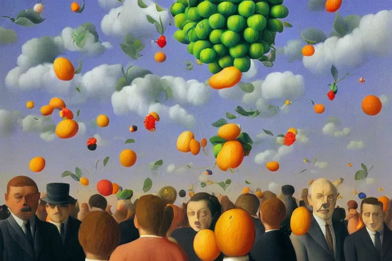 Prompt: Crowd with fruit heads by Magritte and Beeple, fruits raining from clouds, surreal painting, oil painting, hyper detailed, clean shapes