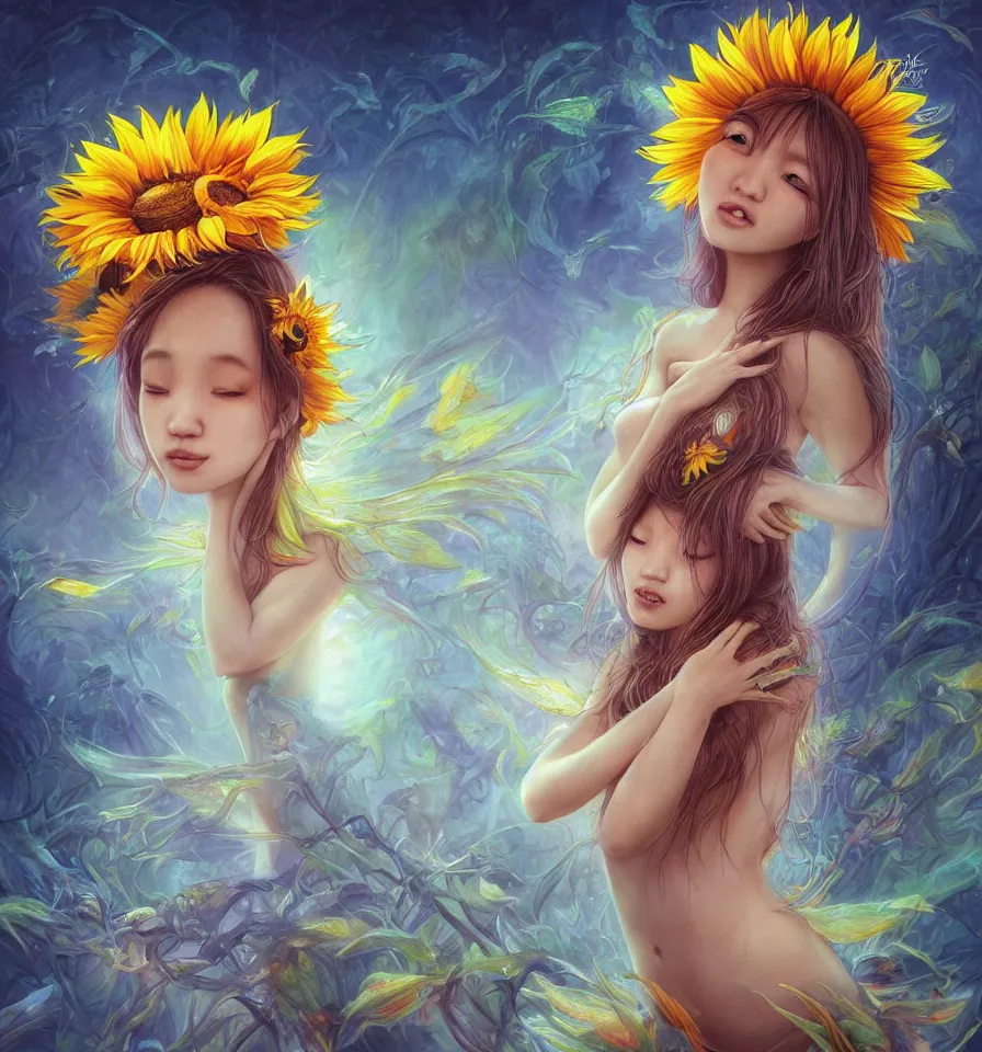 Image similar to a cute sunflower nymph of east - asian descent, created by antonio j. manzanedo, giger, alex grey, android jones, wayne barlowe, philippe druillet, raymond swanland, cyril rolando, josephine wall, harumi hironaka, trending on artstation