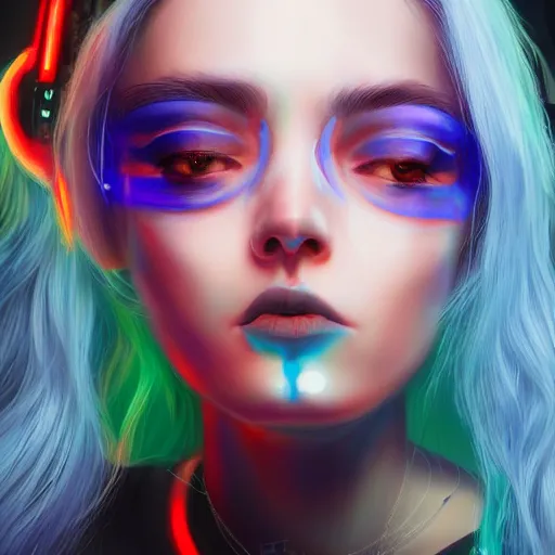 Prompt: a digital painting of a woman with blue hair, cute - fine - face, pretty face, cyberpunk art by sim sa - jeong, cgsociety, synchromism, detailed painting, glowing neon, digital illustration, realistic shaded perfect face, extremely fine details, by realistic shaded lighting, dynamic background, poster